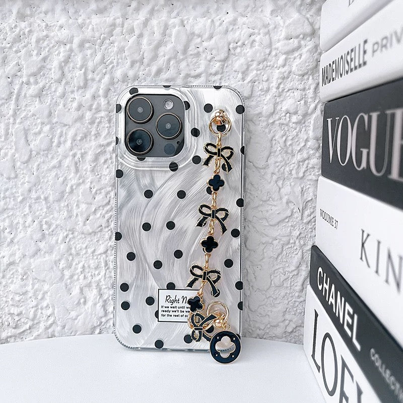 Black dot bow phone case and chain