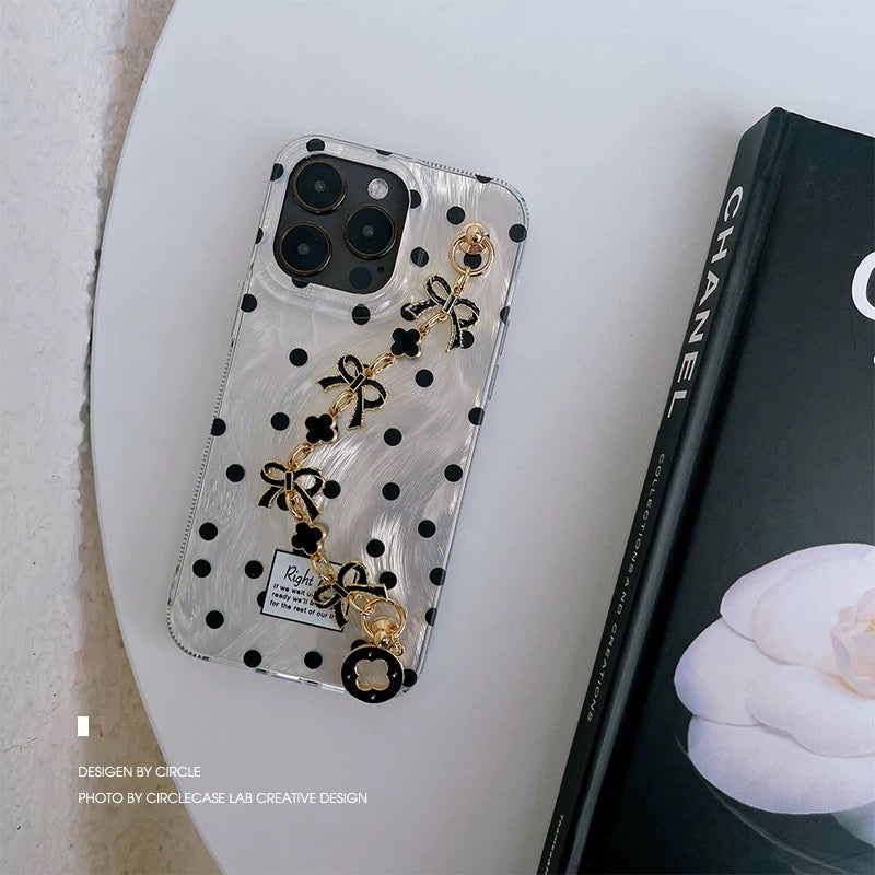 Black dot bow phone case and chain