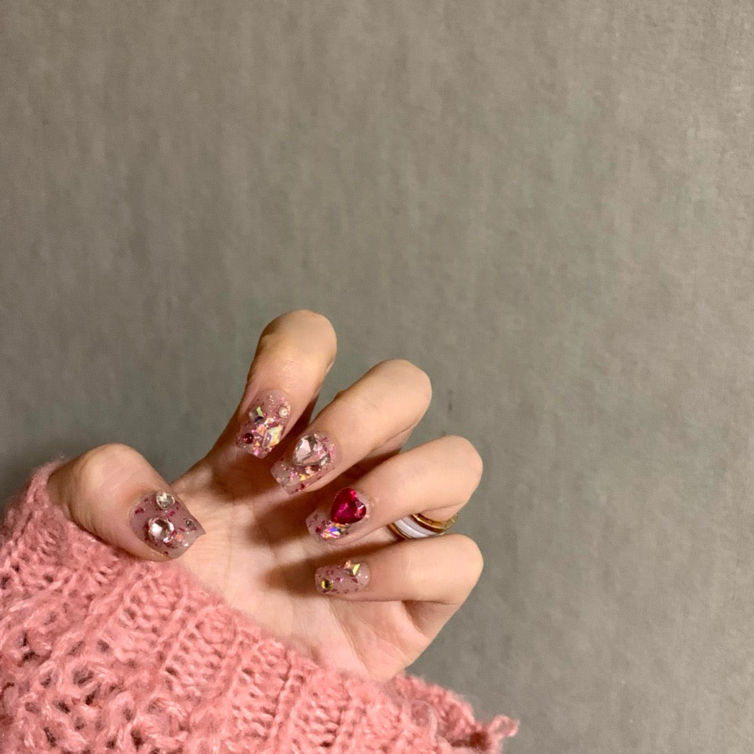 Pink heart adult nails